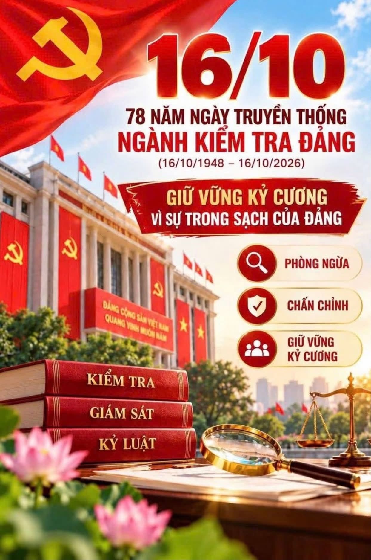 Kỷ niệm 78 năm ngày truyền thống kiểm tra Đảng (16/10/1948 - 16/10/2026) dấu mốc lịch sử đặt nền móng cho sự ra đời của ngành Kiểm tra Đảng.